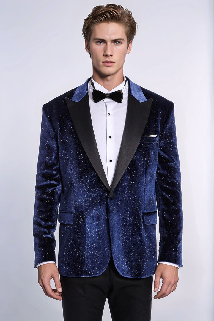 Blazer da ballo da uomo in velluto blu navy slim fit scintillante - Wessi