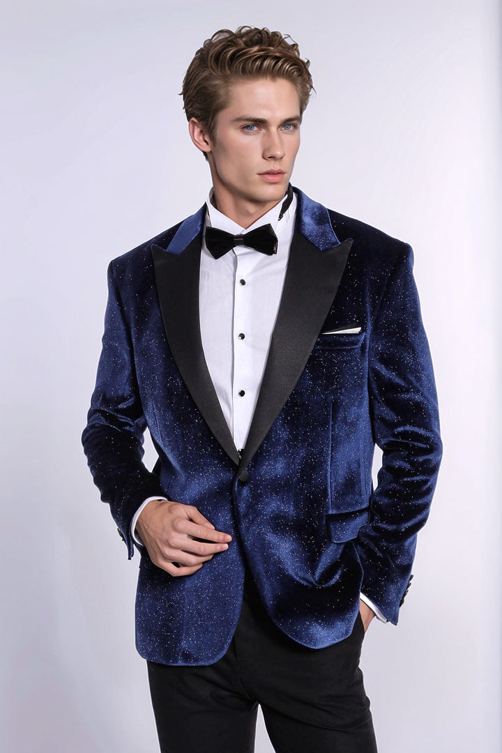Blazer da ballo da uomo in velluto blu navy slim fit scintillante - Wessi