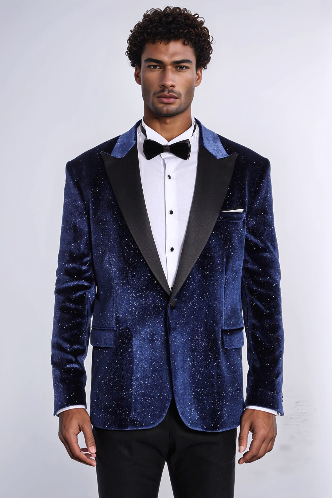 Sparkle Slim Fit Velvet Navy Blue Men Wedding Tuxedo Blazer - Wessi