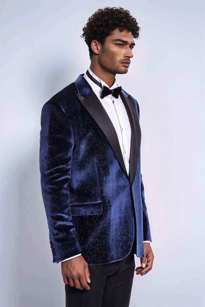 Sparkle Slim Fit Velvet Navy Blue Men Wedding Tuxedo Blazer - Wessi