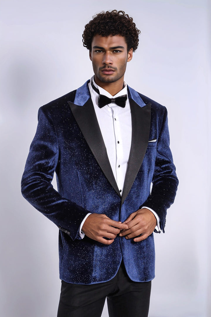 Sparkle Slim Fit Velvet Navy Blue Men Wedding Tuxedo Blazer - Wessi