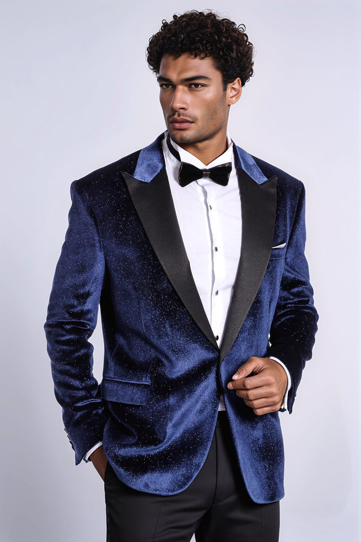 Sparkle Slim Fit Velvet Navy Blue Men Wedding Tuxedo Blazer - Wessi