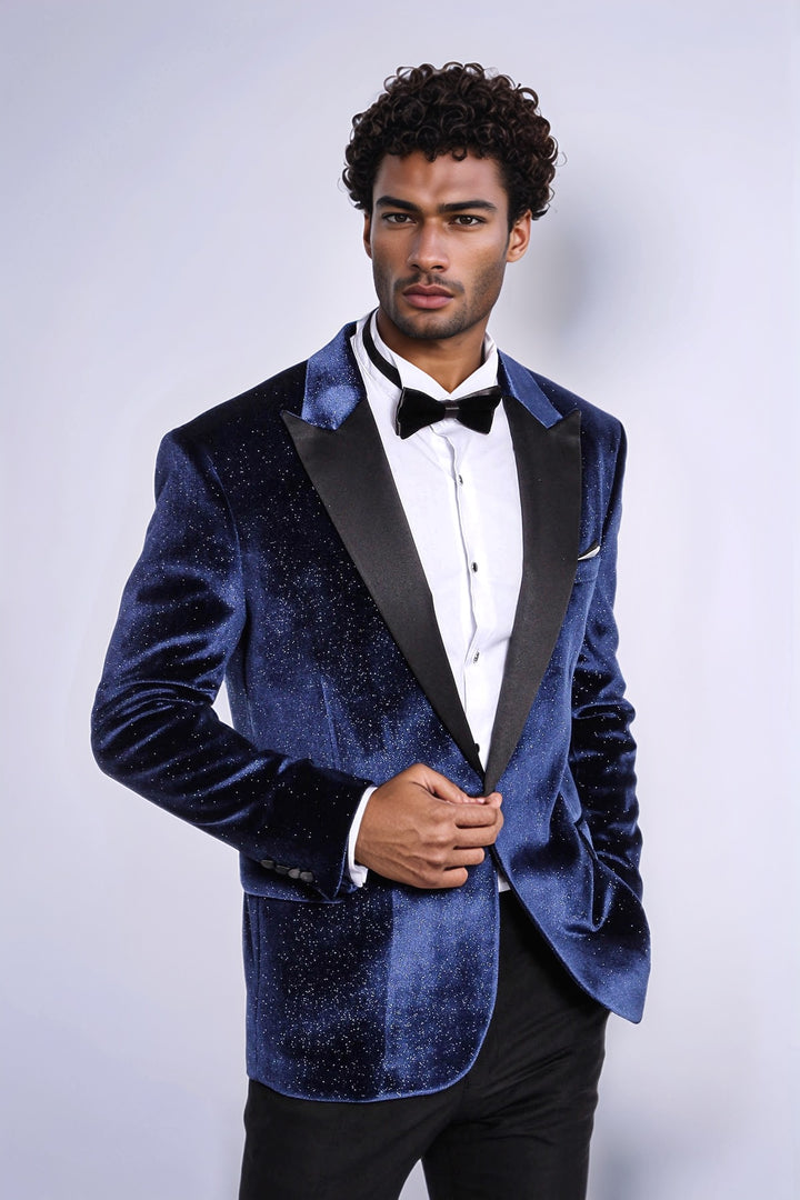 Sparkle Slim Fit Velvet Navy Blue Men Wedding Tuxedo Blazer - Wessi