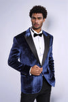 Sparkle Slim Fit Velvet Navy Blue Men Wedding Tuxedo Blazer - Wessi