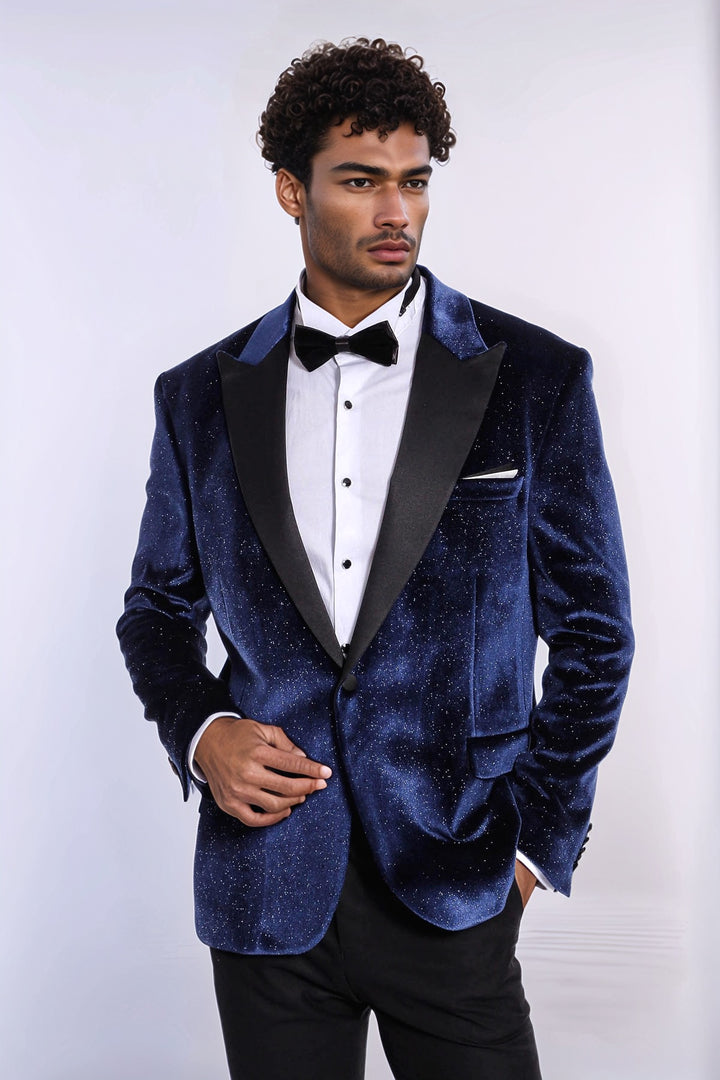 Sparkle Slim Fit Velvet Navy Blue Men Wedding Tuxedo Blazer - Wessi