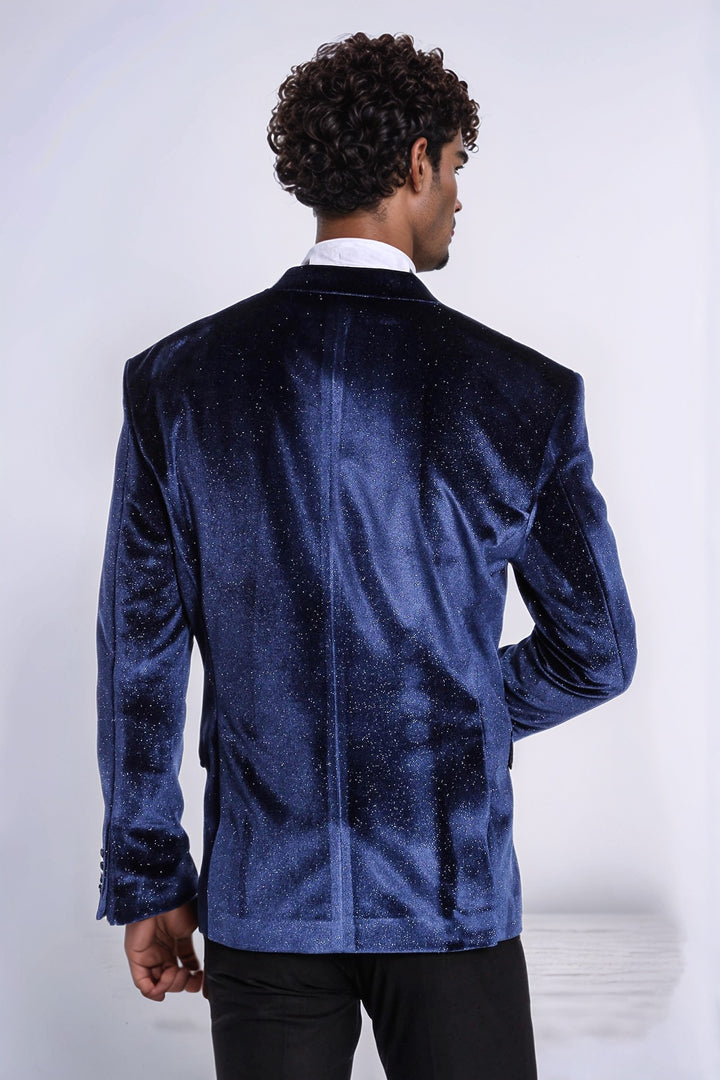 Sparkle Slim Fit Velvet Navy Blue Men Wedding Tuxedo Blazer - Wessi