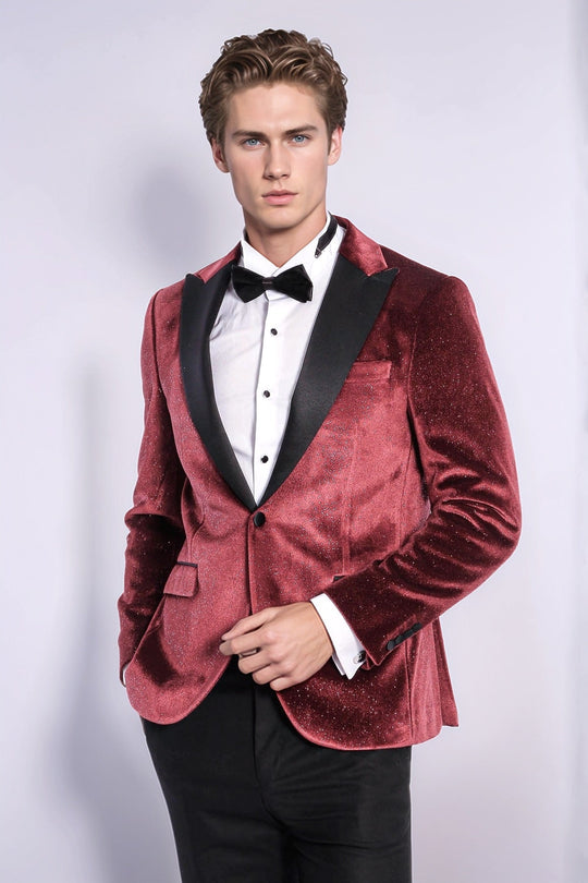 Blazer de graduación para hombre Sparkle Slim Fit de terciopelo burdeos - Wessi