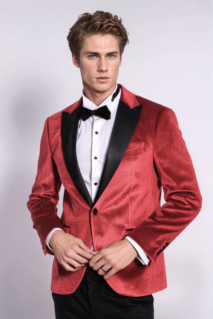 Blazer da ballo da uomo rosso velluto slim fit scintillante - Wessi