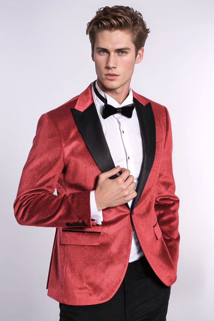 Blazer da ballo da uomo rosso velluto slim fit scintillante - Wessi