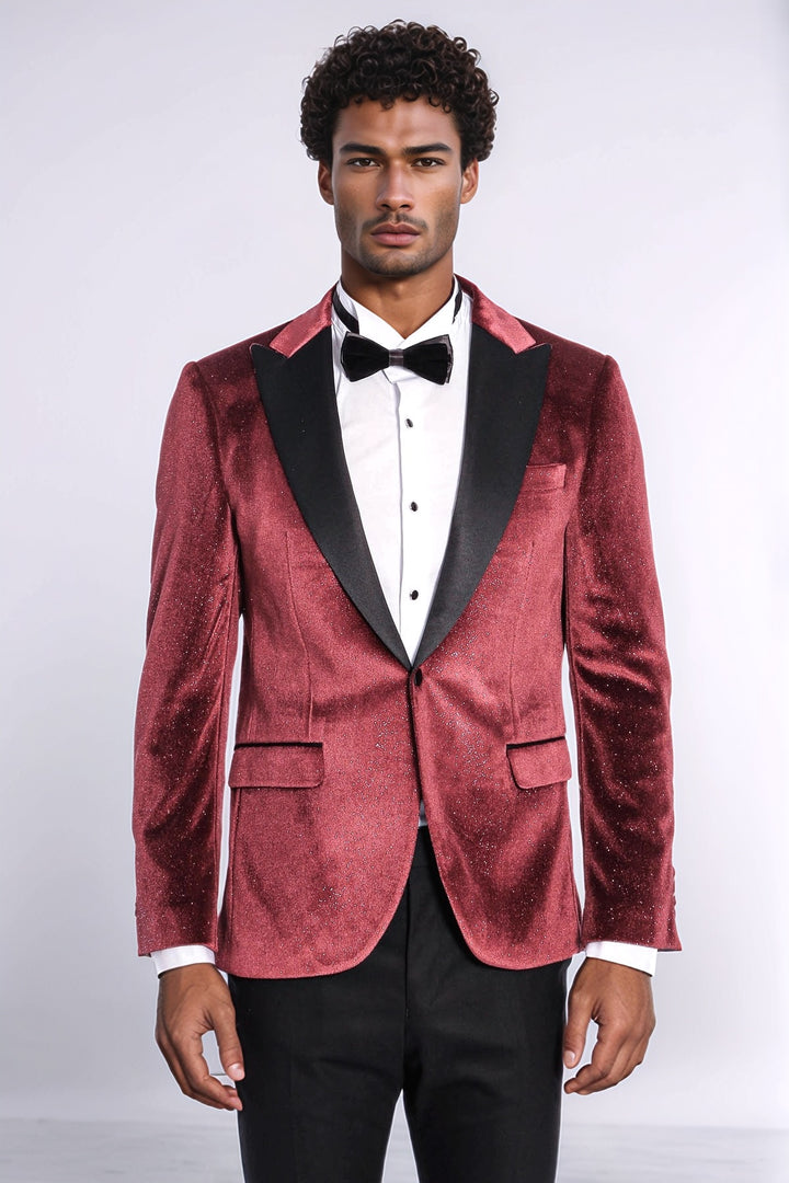 Slim Fit Velvet Burgundy Men Sparkle Tuxedo Jacket - Wessi