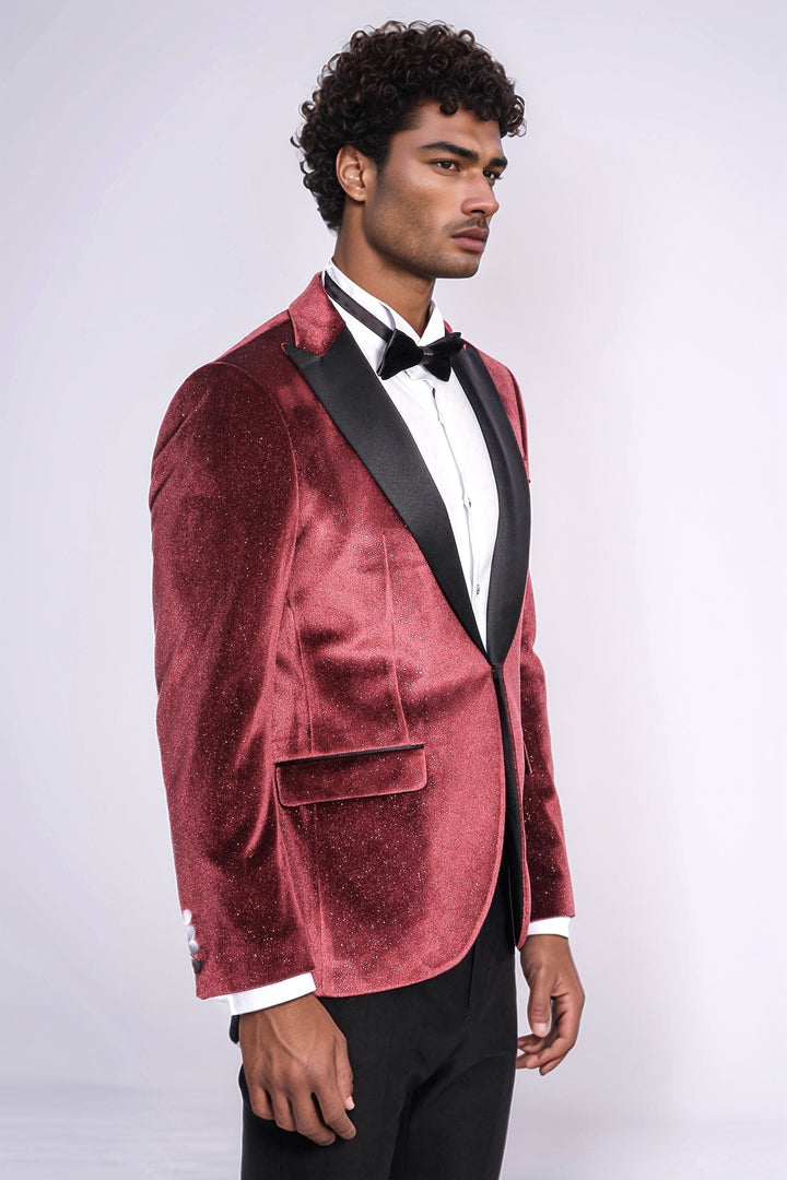 Slim Fit Velvet Burgundy Men Sparkle Tuxedo Jacket - Wessi