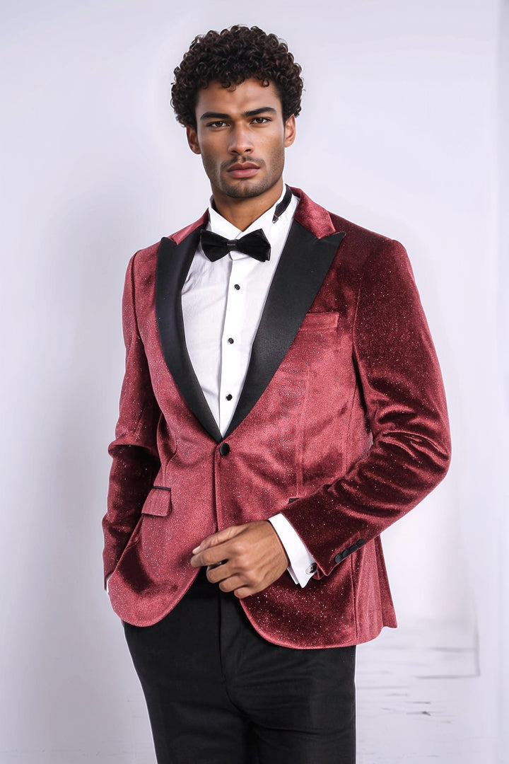 Slim Fit Velvet Burgundy Men Sparkle Tuxedo Jacket - Wessi