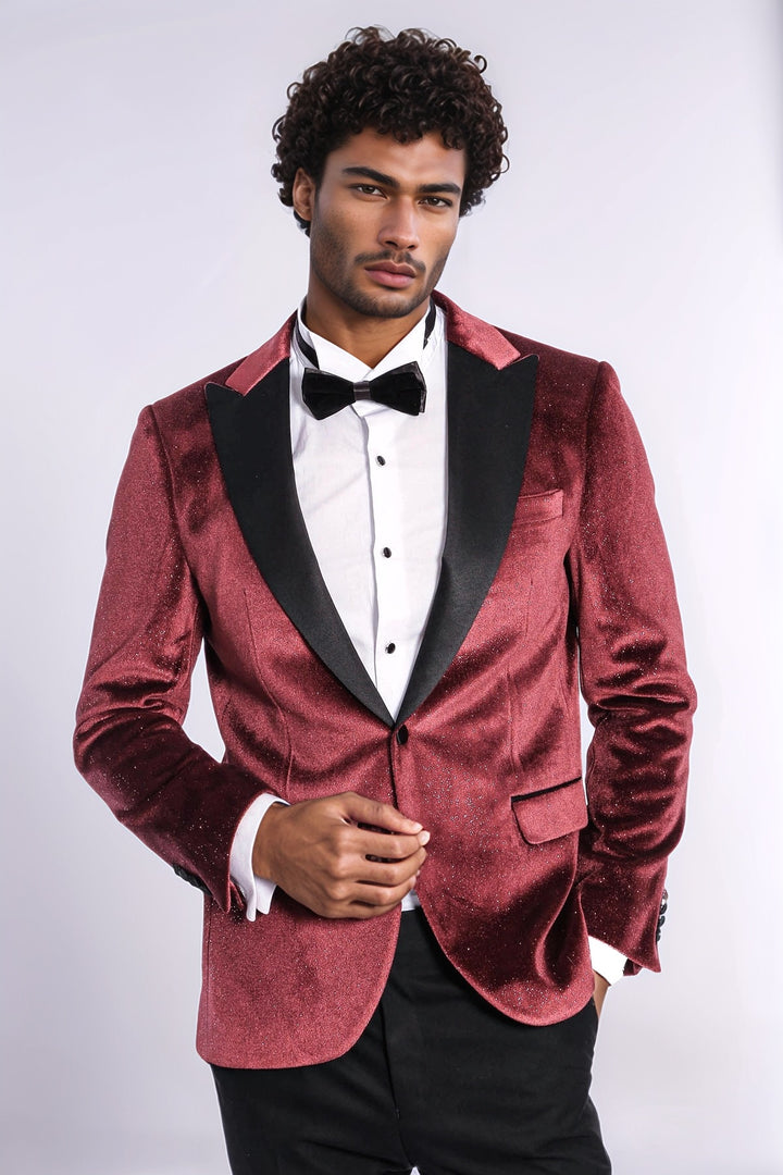 Slim Fit Velvet Burgundy Men Sparkle Tuxedo Jacket - Wessi