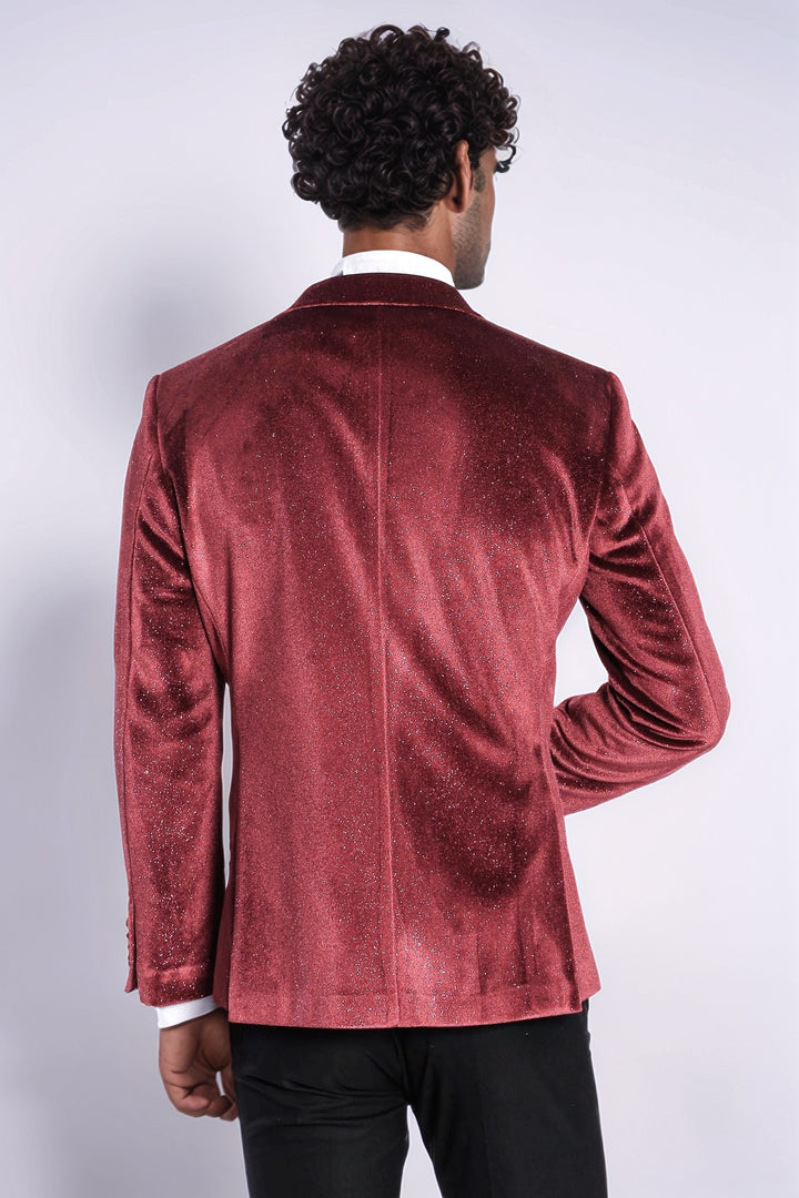 Slim Fit Velvet Burgundy Men Sparkle Tuxedo Jacket - Wessi
