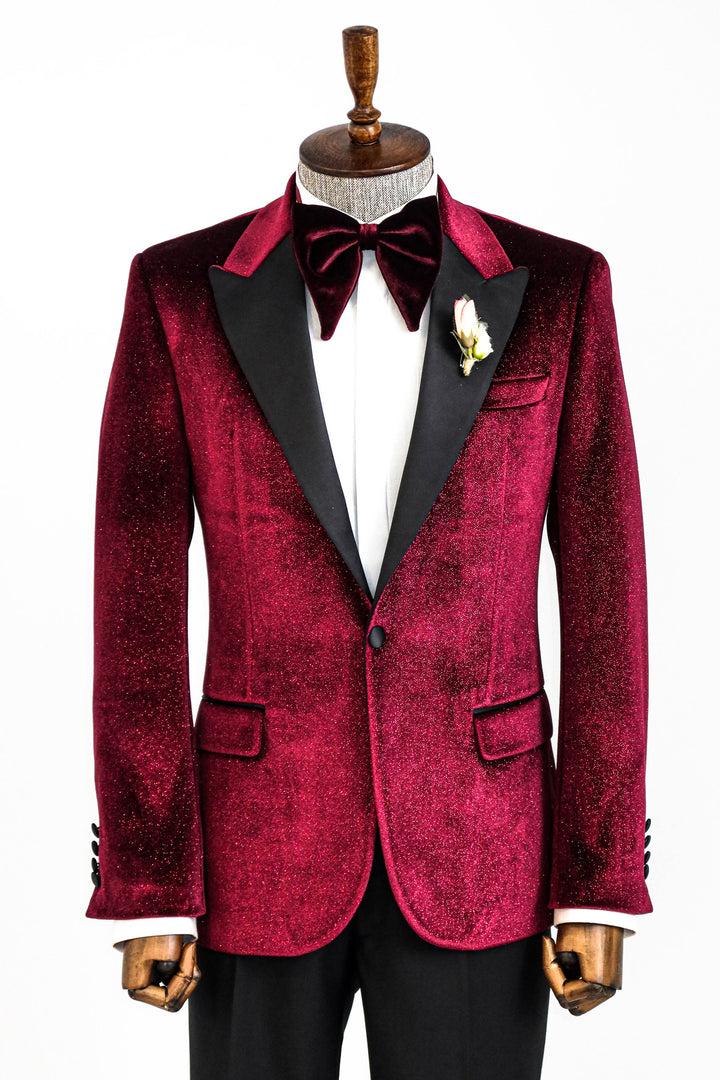 Sparkle Slim Fit Velvet Burgundy Men Prom Blazer and Trousers Combination- Wessi