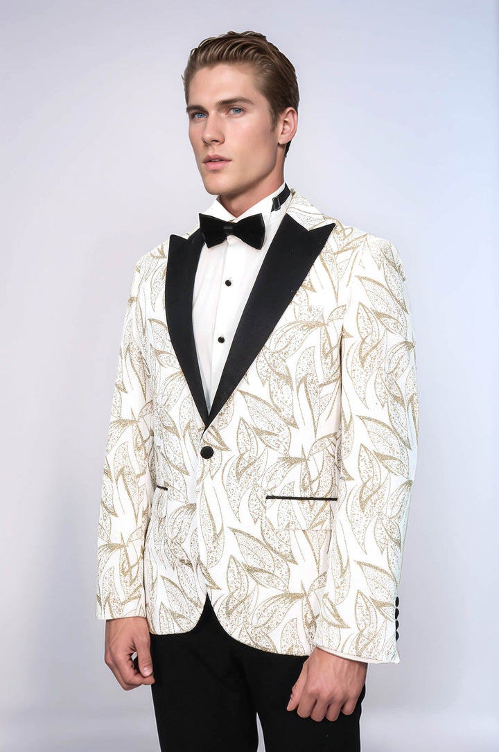 Glittery Slim Fit White Men Wedding Groom Tuxedo Jacket - Wessi