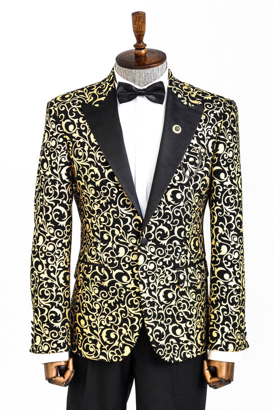 Gold Patterned Over Black Men Evening Dinner Jacket - Prom Blazer | Wessi Wessi - Discover Diversity Gold Patterned Over Black Men Evening Dinner Jacket - Prom Blazer | Wessi Wessi - Discover Diversity