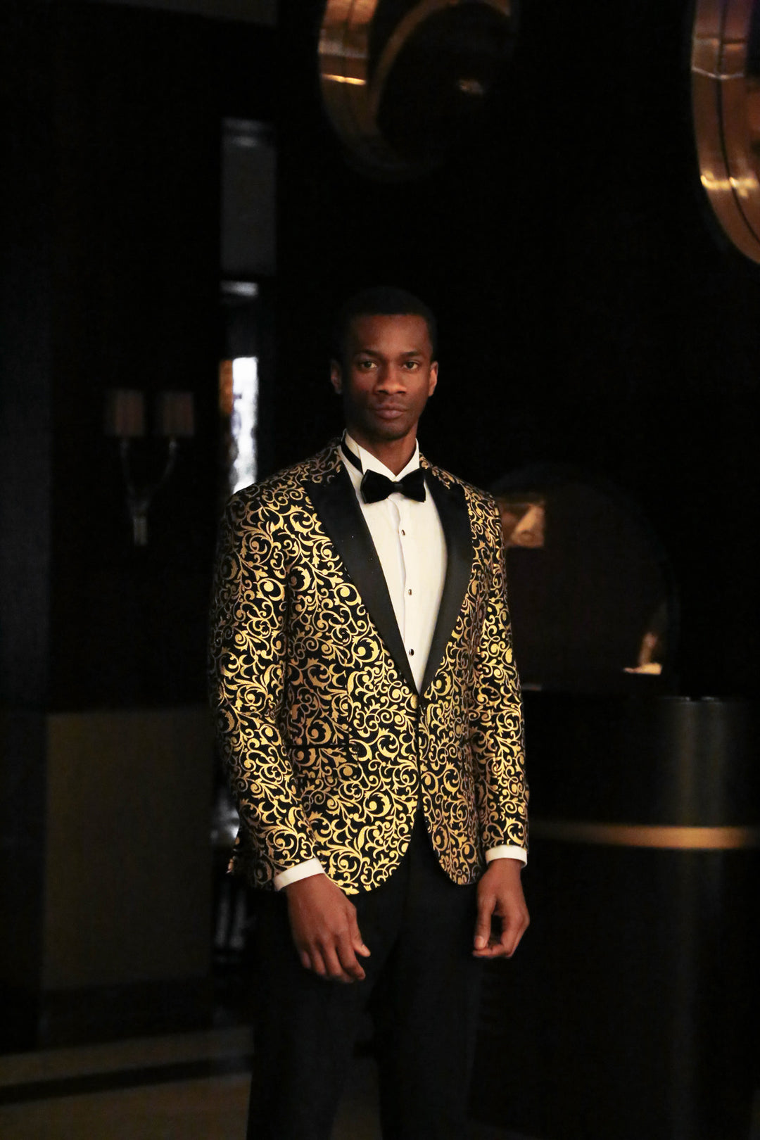Gold Patterned Over Black Men Prom Blazer - Wessi