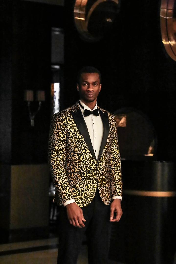 Gold Patterned Over Black Men Prom Blazer - Wessi
