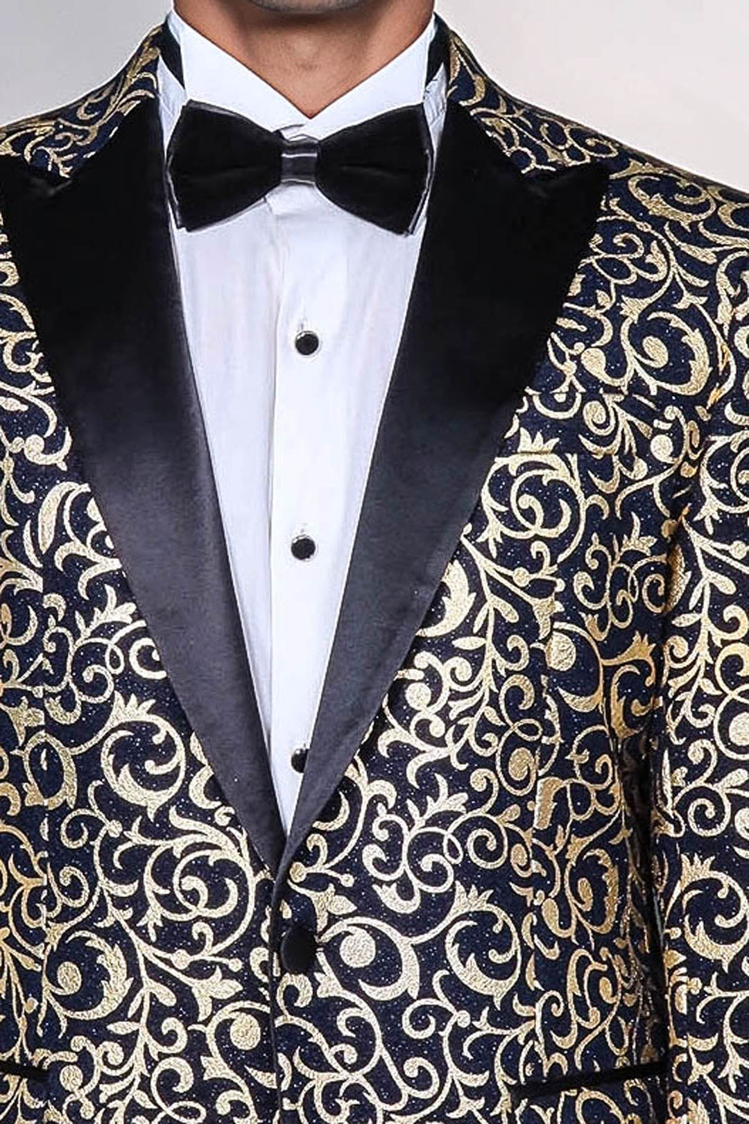 Gold Patterned Over Navy Men Party Blazer - Wessi