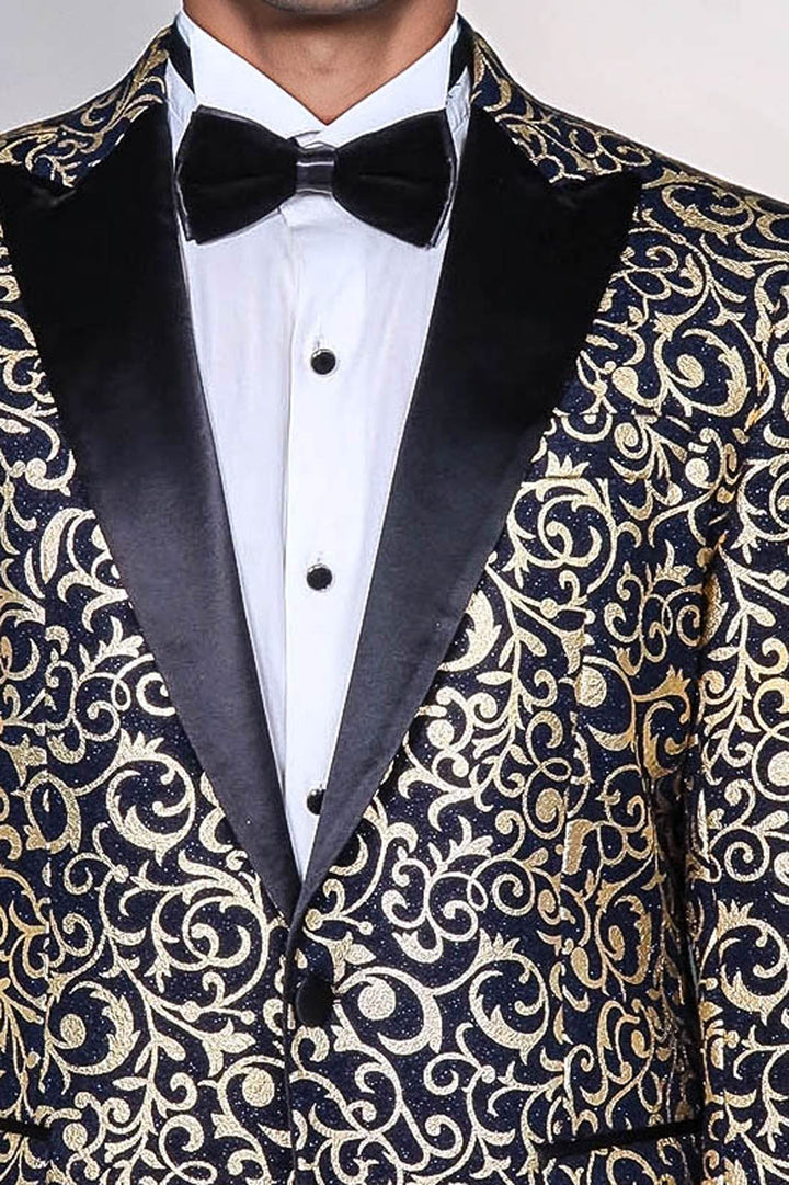 Gold Patterned Over Navy Men Party Blazer - Wessi