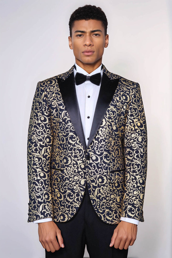 Gold Patterned Over Navy Men Party Blazer - Wessi