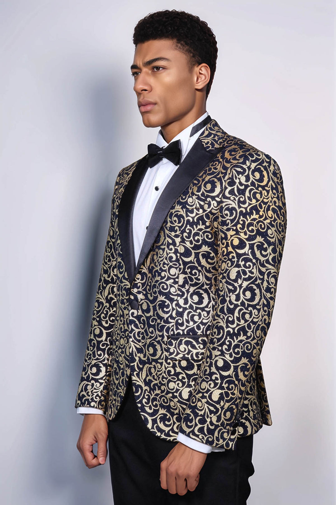 Gold Patterned Over Navy Men Party Blazer - Wessi