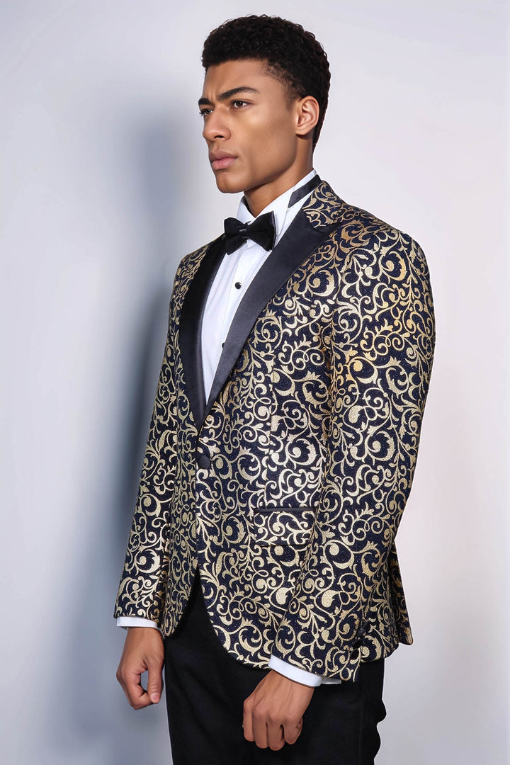 Gold Patterned Over Navy Men Party Blazer - Wessi