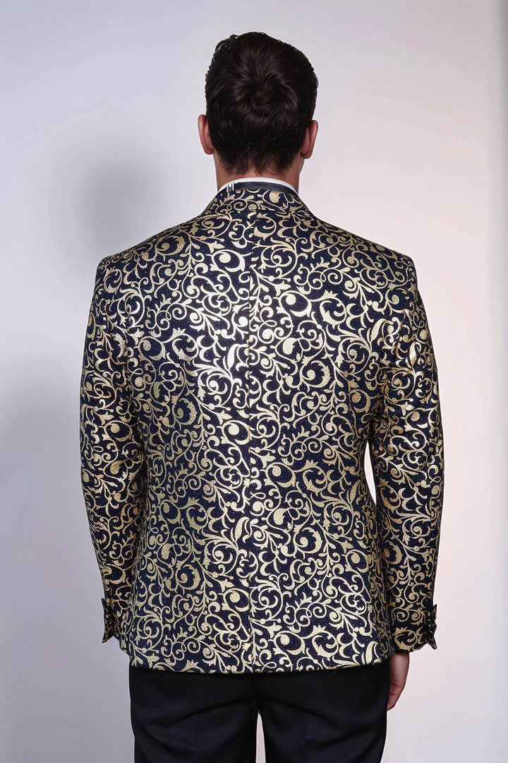 Gold Patterned Over Navy Men Party Blazer - Wessi