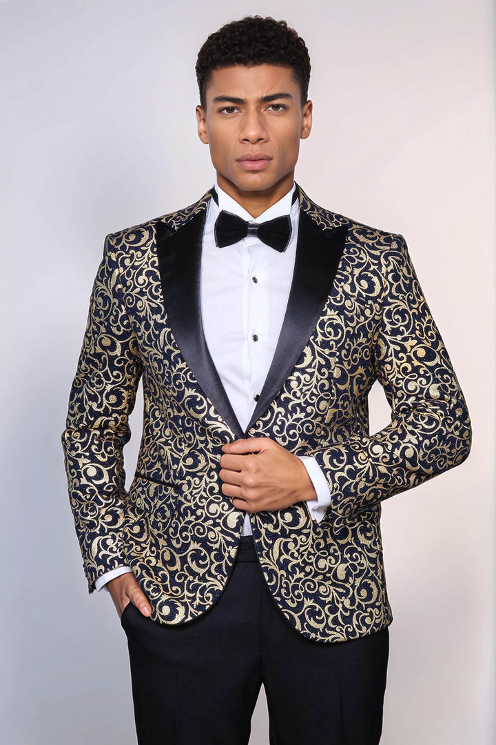 Gold Patterned Over Navy Men Party Blazer - Wessi