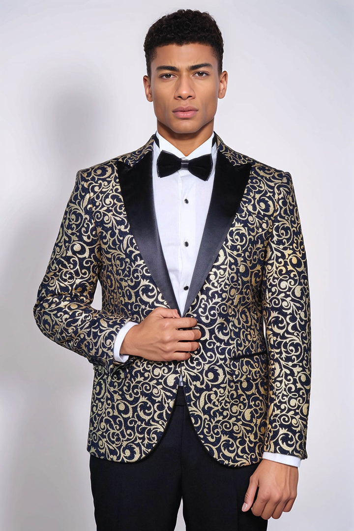 Gold Patterned Over Navy Men Party Blazer - Wessi