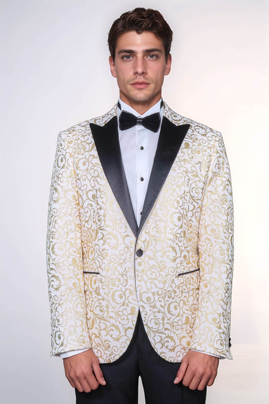 Gold Scroll Patterned Over White Men Wedding Tuxedo Jacket | Wessi Wessi - Discover Diversity Gold Scroll Patterned Over White Men Wedding Tuxedo Jacket | Wessi Wessi - Discover Diversity