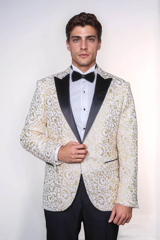 Gold Scroll Patterned Over White Men Wedding Tuxedo Jacket | Wessi Wessi - Discover Diversity Gold Scroll Patterned Over White Men Wedding Tuxedo Jacket | Wessi Wessi - Discover Diversity