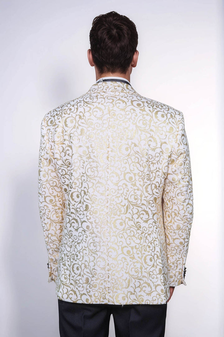 Gold Scroll Patterned Over White Men Wedding Tuxedo Jacket - Wessi