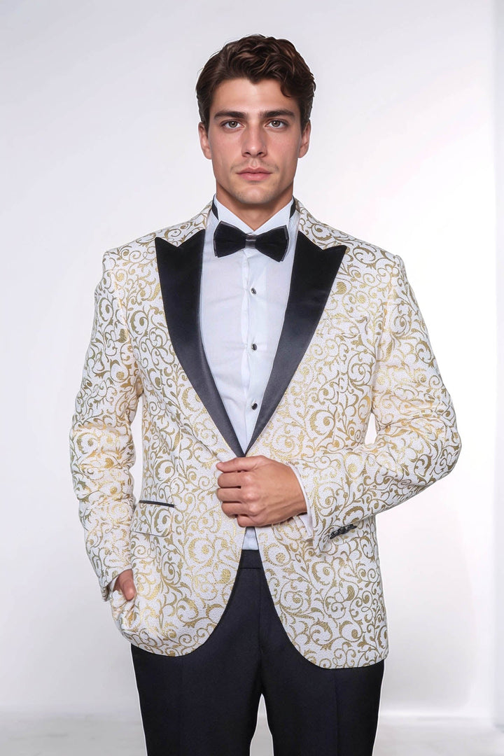 Gold Scroll Patterned Over White Men Wedding Tuxedo Jacket - Wessi