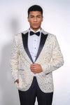 Gold Scroll Patterned Over White Men Wedding Tuxedo Jacket - Wessi