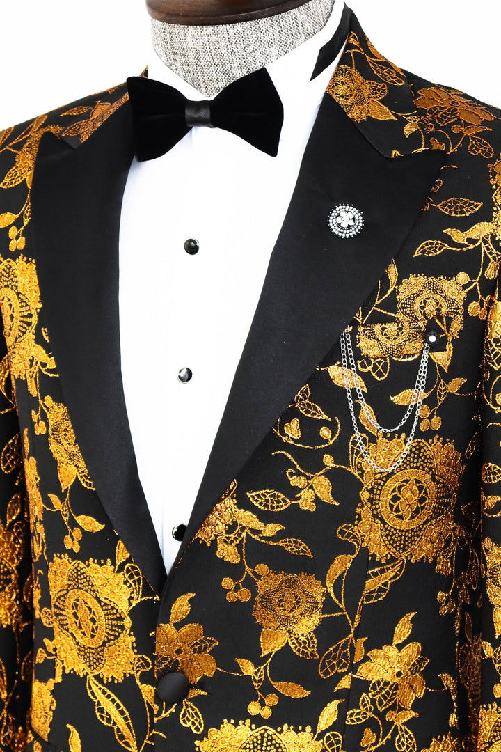 Floral Patterned Slim Fit Yellow Men Prom Blazer - Wessi