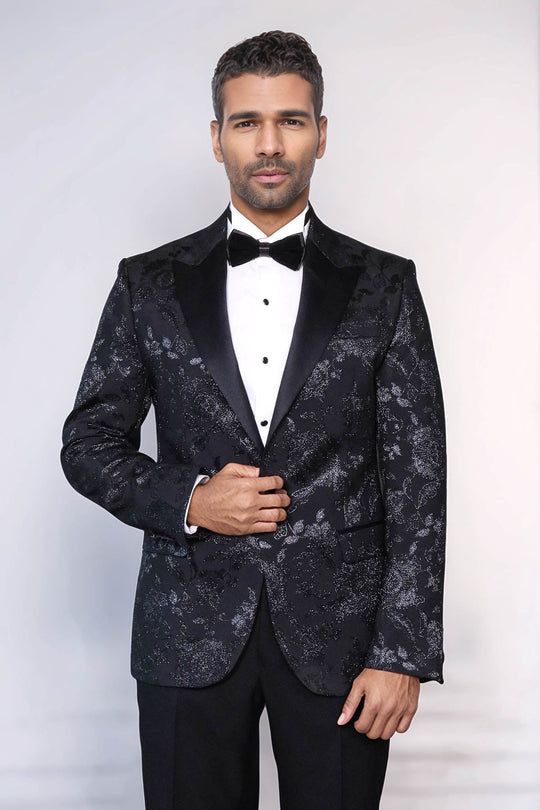 Floral Patterned Shiny Peak Lapel Black Men Dinner Jacket - Wessi Floral Patterned Shiny Peak Lapel Black Men Dinner Jacket - Wessi