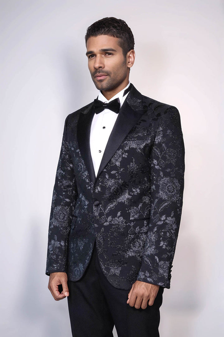 Floral Patterned Shiny Peak Lapel Black Men Dinner Jacket  - Wessi