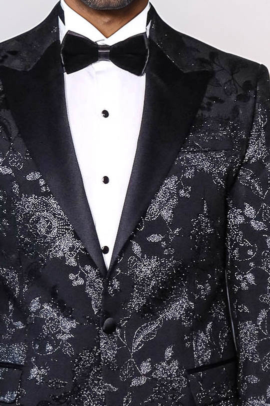 Blazer da uomo nero con risvolto a punta lucido con motivo floreale - Wessi