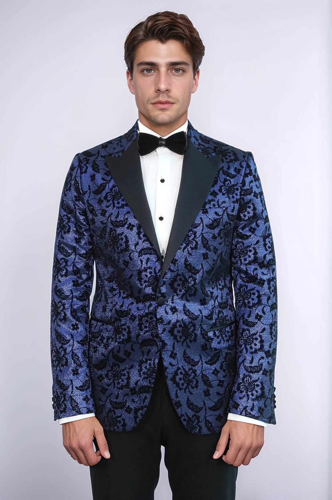 Blazer da ballo da uomo blu navy con risvolto a punta con motivo floreale - Wessi