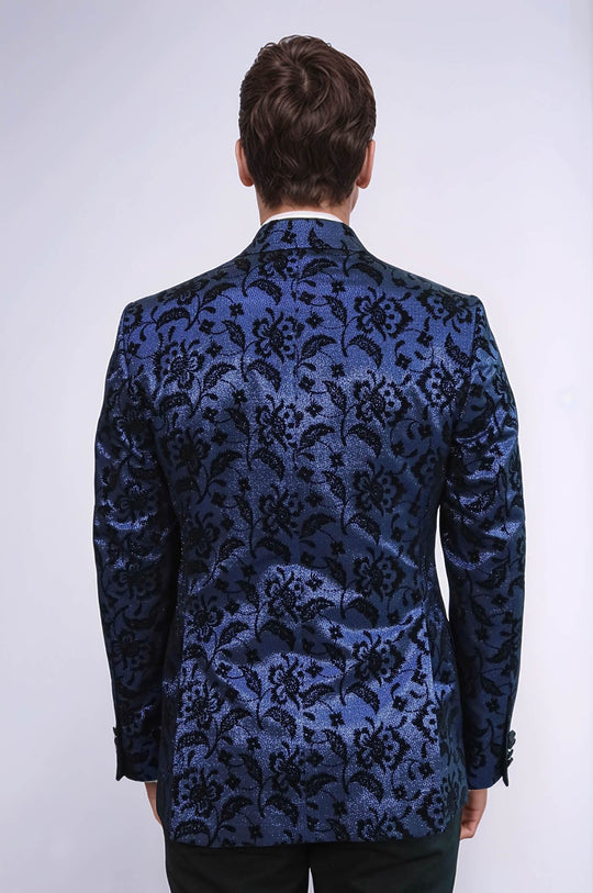 Blazer da ballo da uomo blu navy con risvolto a punta con motivo floreale - Wessi