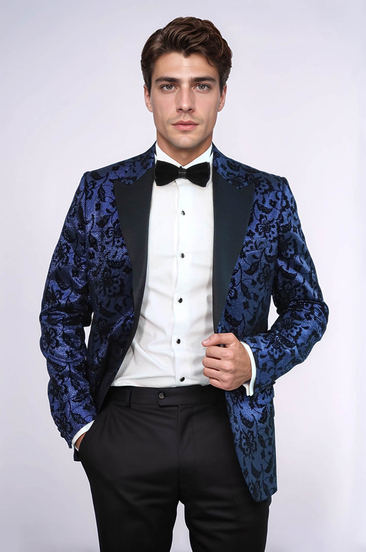 Blazer da ballo da uomo blu navy con risvolto a punta con motivo floreale - Wessi