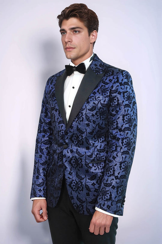 Blazer da ballo da uomo blu navy con risvolto a punta con motivo floreale - Wessi