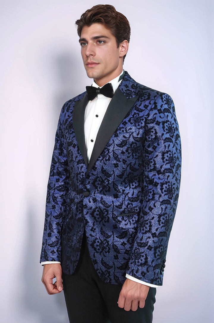 Blazer da ballo da uomo blu navy con risvolto a punta con motivo floreale - Wessi
