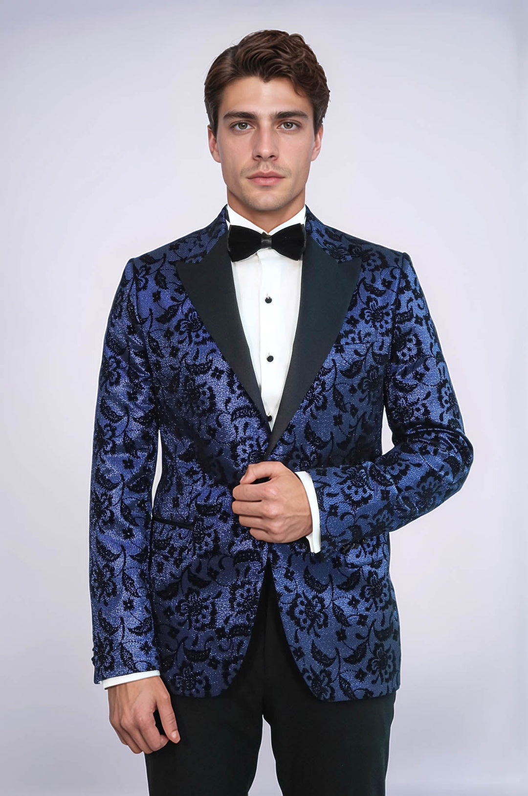 Blazer da ballo da uomo blu navy con risvolto a punta con motivo floreale - Wessi