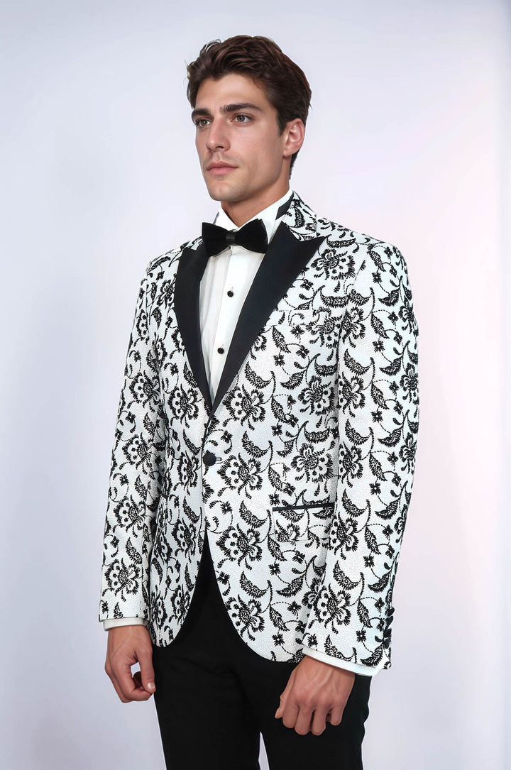 Floral Patterned Peak Lapel White Men  Wedding Tuxedo Blazer - Wessi