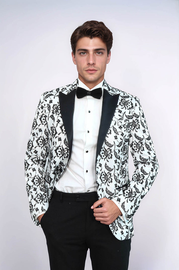 Floral Patterned Peak Lapel White Men  Wedding Tuxedo Blazer - Wessi