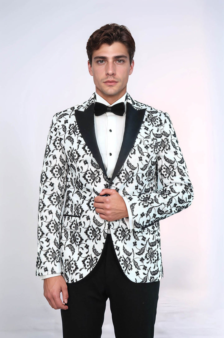 Floral Patterned Peak Lapel White Men  Wedding Tuxedo Blazer - Wessi