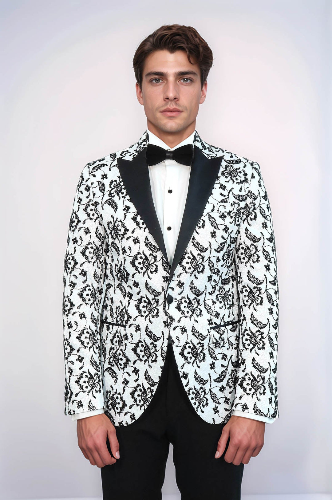 Floral Patterned Peak Lapel White Men  Wedding Tuxedo Blazer - Wessi